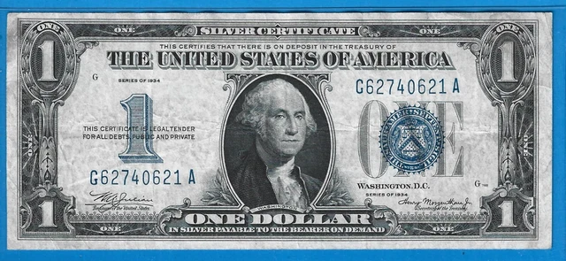 1934 $1 Silver Certificate Funny Back Note,Blue Seal,Circ VF,Nice!
