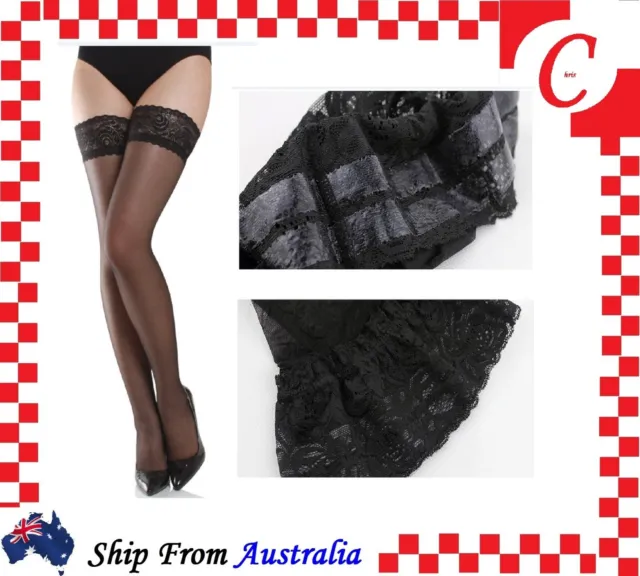 Lady Sheer Lace Top Non-slip Thigh High Stockings Hold-up Pull up Stay Black AU