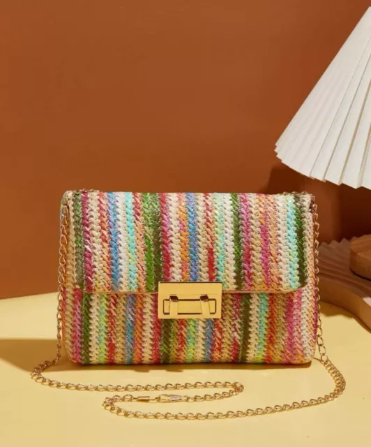 Sac A Rabat A Bandoulière Rayures Tissé Coloré Tressé En Paille Rayé Multicolore