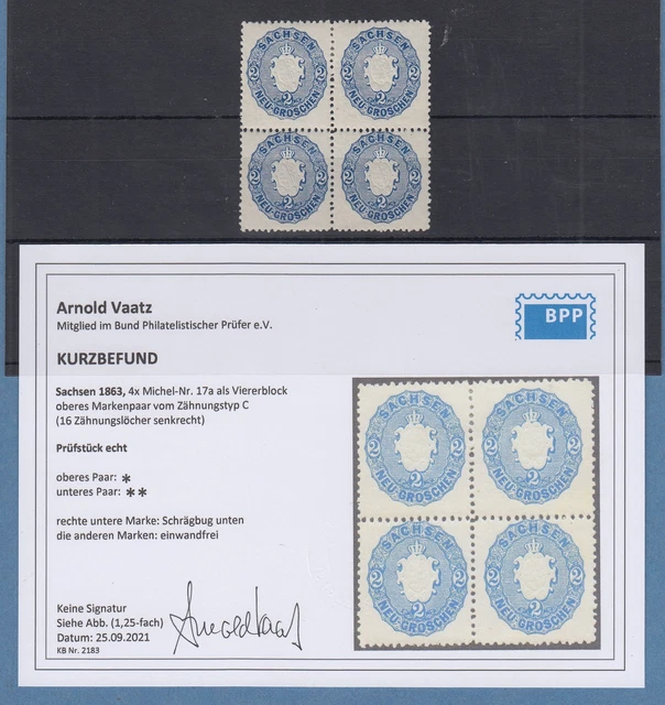 Sachsen 1863 Wappen 2 Ngr. Mi.-Nr. 17a Viererblock * / **, KB Vaatz BPP
