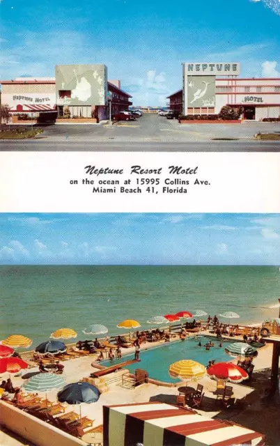 Miami Beach, FL Florida  NEPTUNE RESORT MOTEL Beachfront Pool ROADSIDE  Postcard