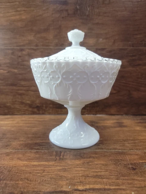 Vintage Fenton Silver Crest Spanish Lace Covered Compote Dish Candy Milk Glass