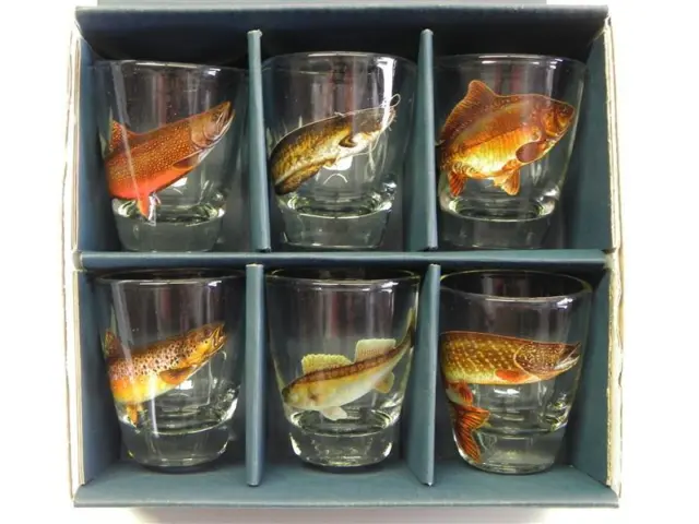 6-teiliges Aguardiente Vasos Juego" Corto " Con Pescado Motivo Stamper Idea