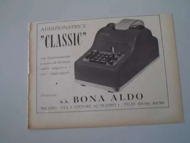 advertising Pubblicità 1953 ADDIZIONATRICE CLASSIC - ALDO BONA - MILANO