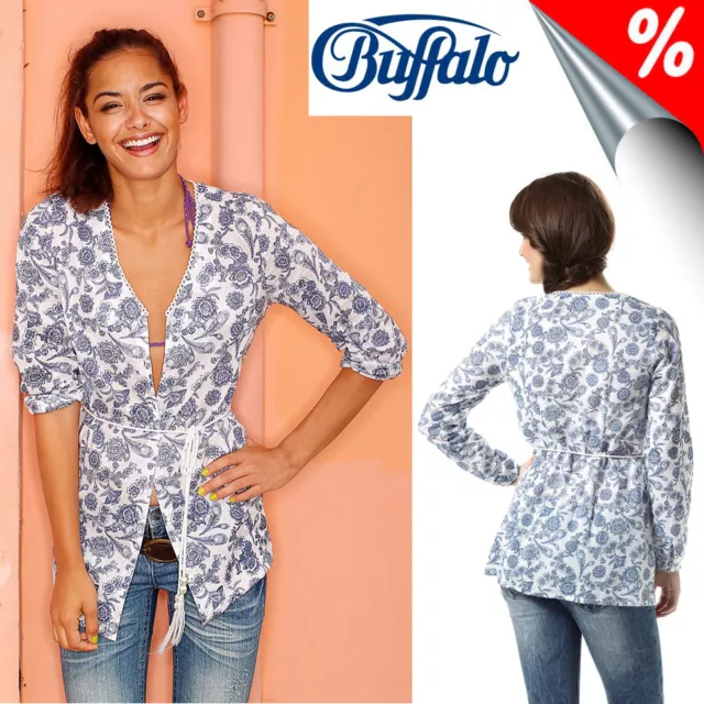 Blusa Túnica BÚFALO con Cinturón, Blanco-Azul. T. 38. ¡NUEVO!¡!