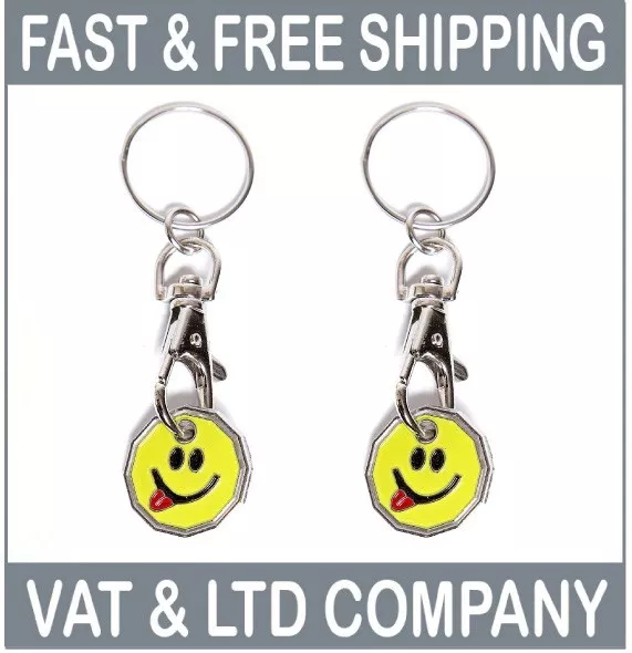 SMILEY FACE TONGUE OUT Emoji Trolley Pound Coin KEYRINGS x2