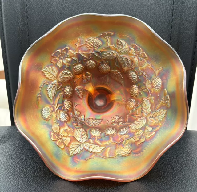 Vintage Rare Carnival Glass Pressed Berries Footed Bowl Marigold