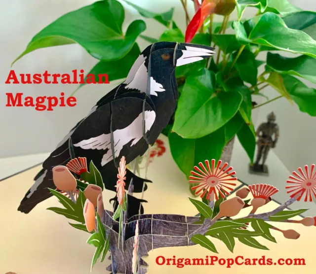 ORIGAMI POP CARDS Australian Magpie Bird Love Pop Greeting Card Happy Birthday