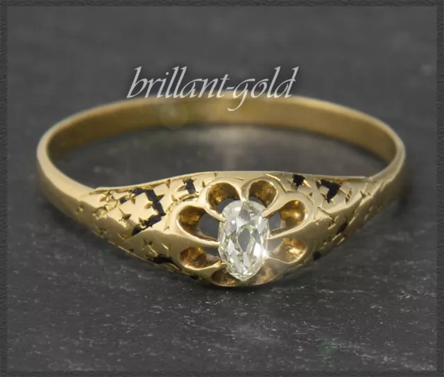 Antiker 0,20ct Altschliff Diamant Ring, 585 Gold, Gravur & Email, um 1860