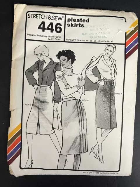 Vtg Stretch & Sew Pattern 446 Pleated Skirt Hip Sz 30-46 Ann Person Knit Fabrics