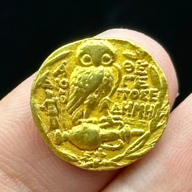 Ancient Greek Solid 18K Gold Coin God Warrior Athena & Attica Owl Image