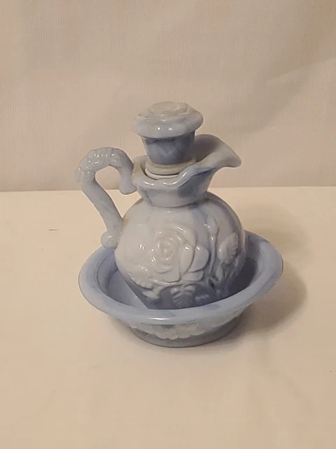 Vintage Avon Aqua Slag Glass Pitcher & Bowl Set w/ Victorian Rose Design