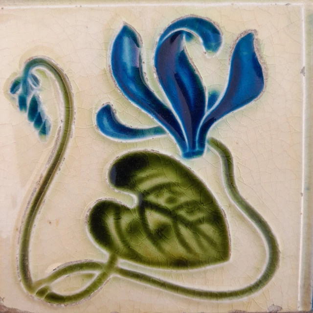 Original vintage England art nouveau Victorian majolica floral tile gorgeous 2