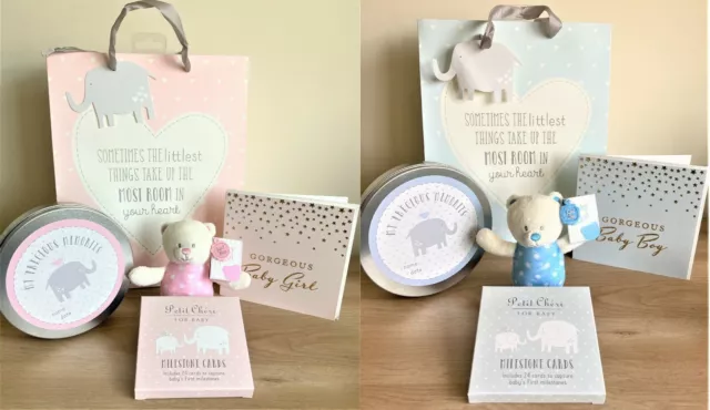 Baby Boy/Girl Gift Bag - Milestone Cards, Hand/footprint Kit, Bear Rattle & Card