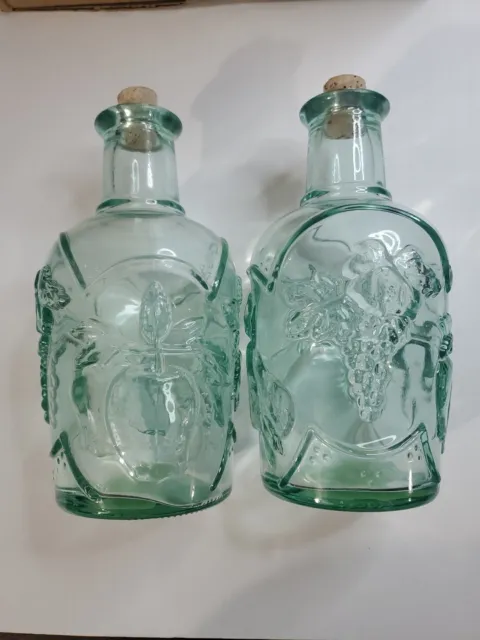 Vintage Libbey Orchard 3D Glass Bottle Embossed Fruit Green Decanter W/ Cork 2pc