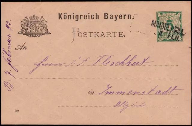 Altdeutschland Bayern; "MINDELHEIM",  Aushilfs L1 klar auf 5 Pf. Wappen-GA 1893