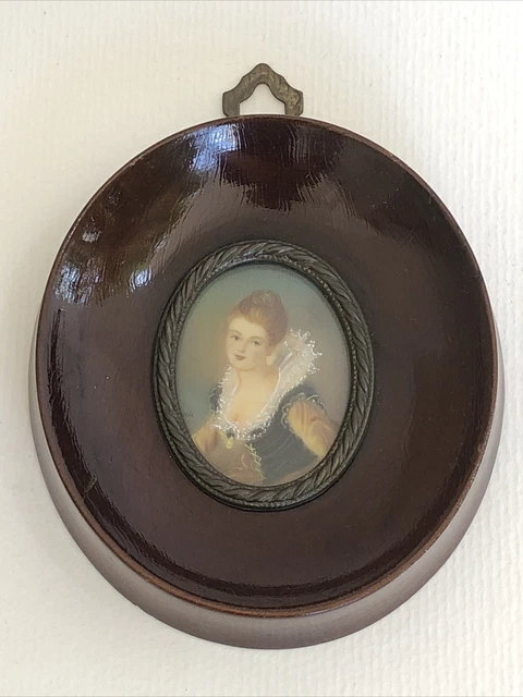 Très jolie ancienne MINIATURE PEINTURE PORTRAIT FEMME bourgeoise élégante signée