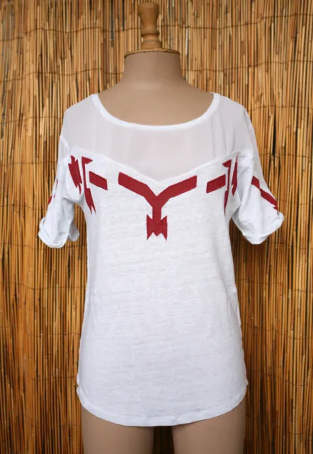 SANDRO T-Shirt bimatière lin & voile avec empiècements ethniques T1