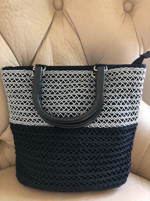 Vintage Woven Small knit Handbag Purse Sparkle Sliver / Black Washable