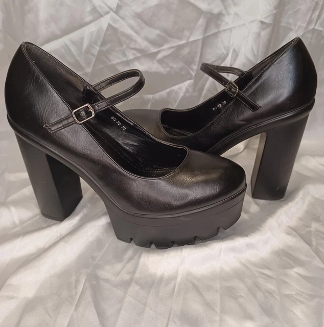 CHUNKY PATENT MARY Jane Heels Shoes Size UK 6 Platform Black PU Strap