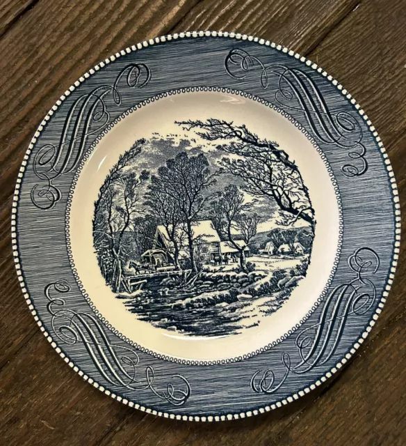 Royal China Blue Currier & Ives 10" Dinner Plate The Old Grist Mill Scroll Logo