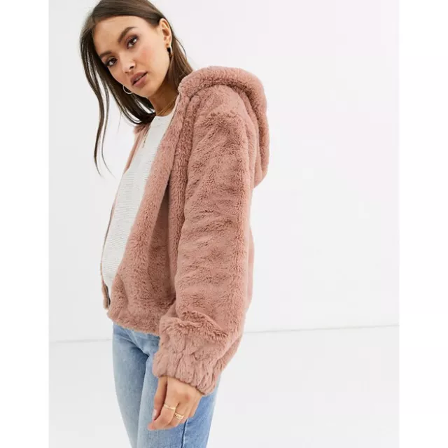 French Connection Arabella Faux Fur Hooded Pink Jacket Size 2 NWT $178