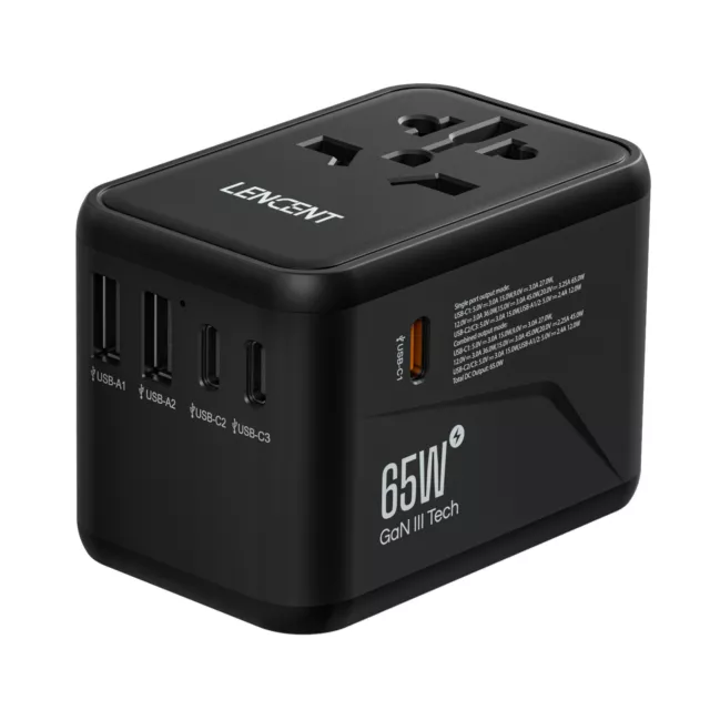 LENCENT 65W Gan III Universal Travel Adapter PD Fast Charging w/ 2 USB 3 Type C