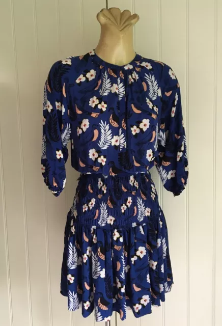 DRESS Mini Blue floral 3/4 sleeve Round neck Shirred Blouson Country Road Sz S-M