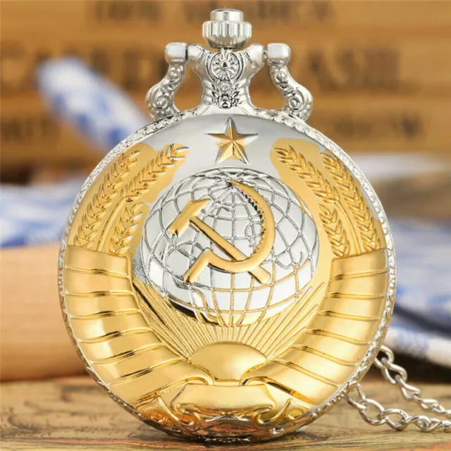 Silver Soviet Sickle Hammer Women Men Analog Quartz Pocket Watch Necklace Chain