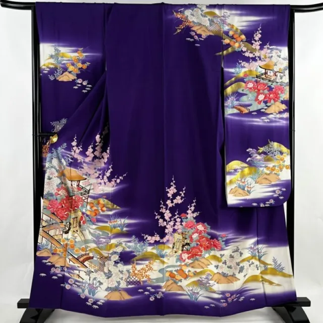 Japanese Kimono Furisode Pure Silk Peony An Ox Drawn Coach Gold Paint Purple