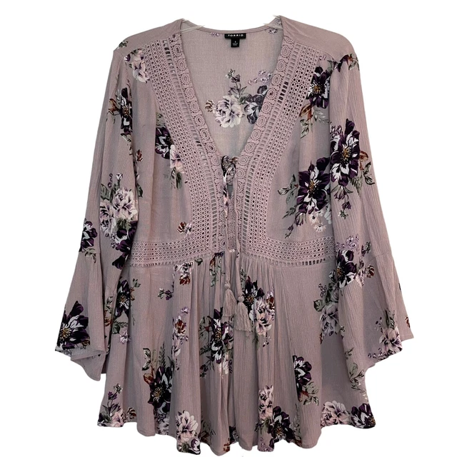 Torrid Women's Lilac Purple Floral Gauze Babydoll top, Blouse. Size 1/1X/14-16