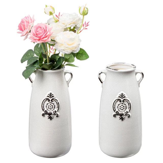 Antique Jug Shaped Embossed Seal Design Farmhouse White Ceramic Vase, Set of 2