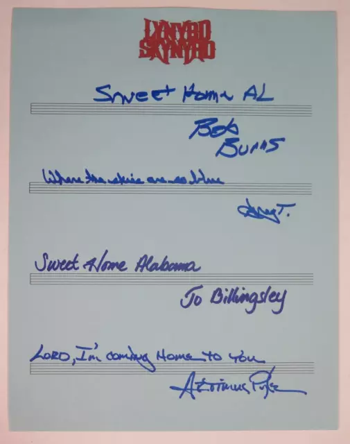 LYNYRD SKYNYRD Signed Autograph "Sweet Home Alabama" Handwritten Lyrics by 4 JSA