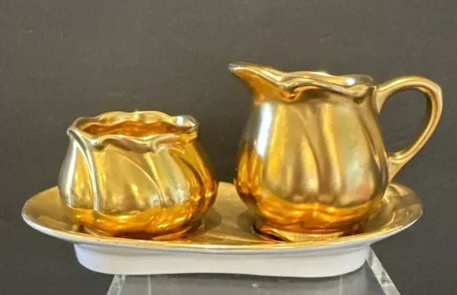 Vintage Royal Winton Grimwades Gold Sugar/Creamer/Tray Set “Autumn Gold”