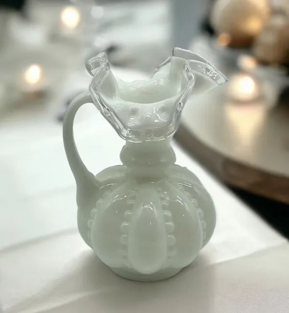 Vintage Fenton Silvercrest Milk Glass Pitcher Beaded Melon 6” Vase Ruffled Edge