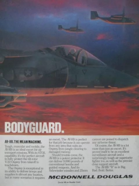 8/1989 Pub Mcdonnell Douglas Av-8B Harrier Ii Bodyguard V-22 Osprey Original Ad