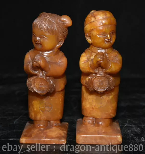 4.8" Old Chinese Shoushan Stone Carved Fengshui Tongzi Boy Girl Statue Pair