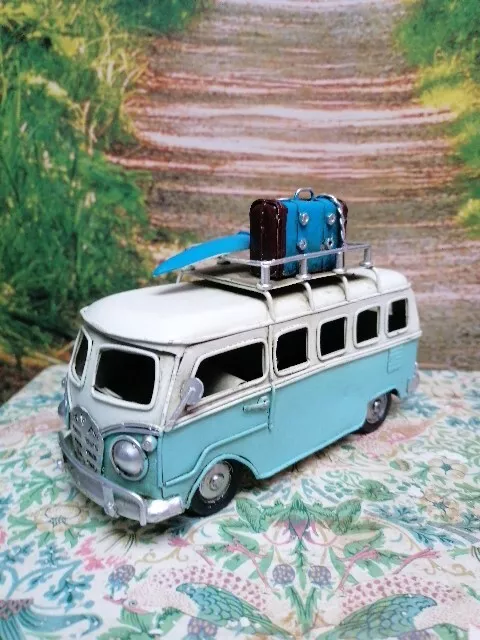 VW Style Camper Van Ornament Blue Tin Metal Model Rustic Vintage Style Camping 3