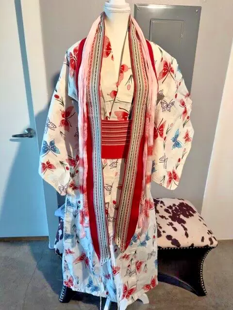FULL SET Marukiyoya Vintage Japanese Yukata Jacket Kimono w obis + kinchaku bag