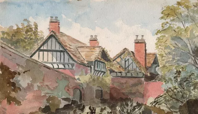 Cottages In Landscape - Small Victorian Watercolour Painting - 19th Century