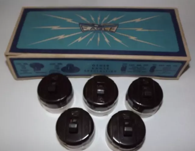 Vtg Eagle Round Toggle Light Switch Single-Pole  Bakelite/Porcelain Box Of 5