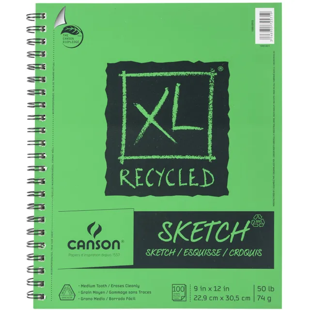 Almohadilla de papel para bocetos en espiral lateral reciclado Canson XL 9""X12""-100 hojas 702-2412