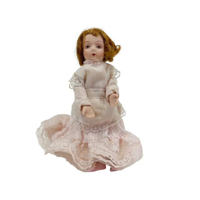 Vintage Bisque Porcelain and Fabric Doll, Edwardian Style Dress, 6"