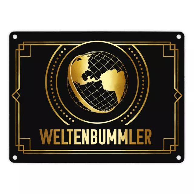 Weltenbummler Metallschild in 15x20 cm mit goldenem Globus und Reisemotiv