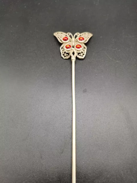 Old Chinese tibet silver inlay red gemstone head Hairpin