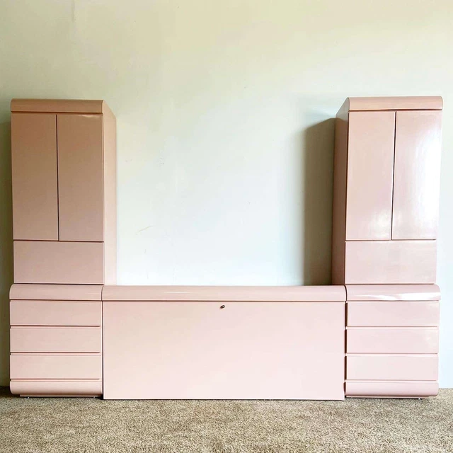 Postmodern Pink Lacquer Laminate Headboard and Nightstands and Cabinets