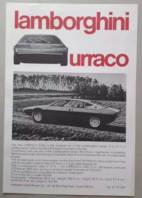 Lamborghini Urraco P250 Leaflet / Brochure c.1972