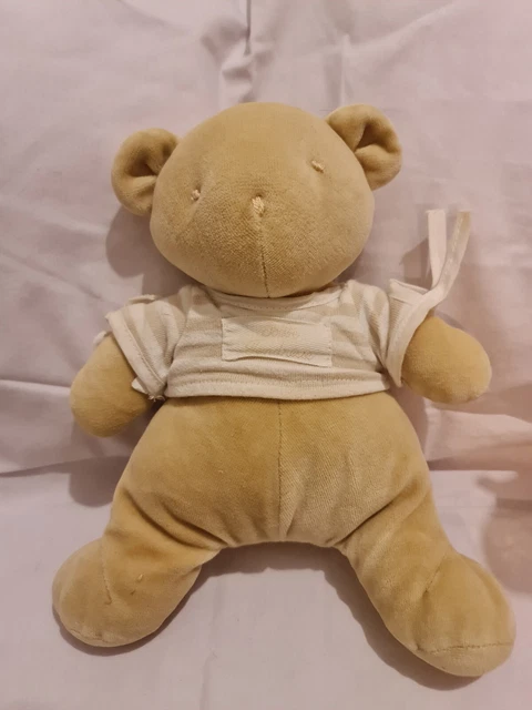 DOUDOU PELUCHE NOUNOURS OURS BEBE TENDRESSE BLANC RAYE BEIGE 25 cm TBÉ vintage