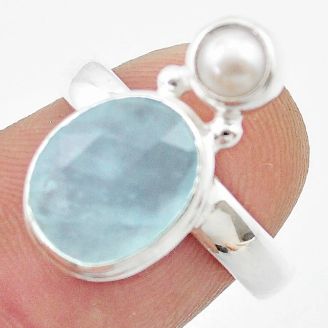 Wholesale Jewelry 5.30cts Checker Cut Aquamarine Pearl Ring Size 7.5 U44495
