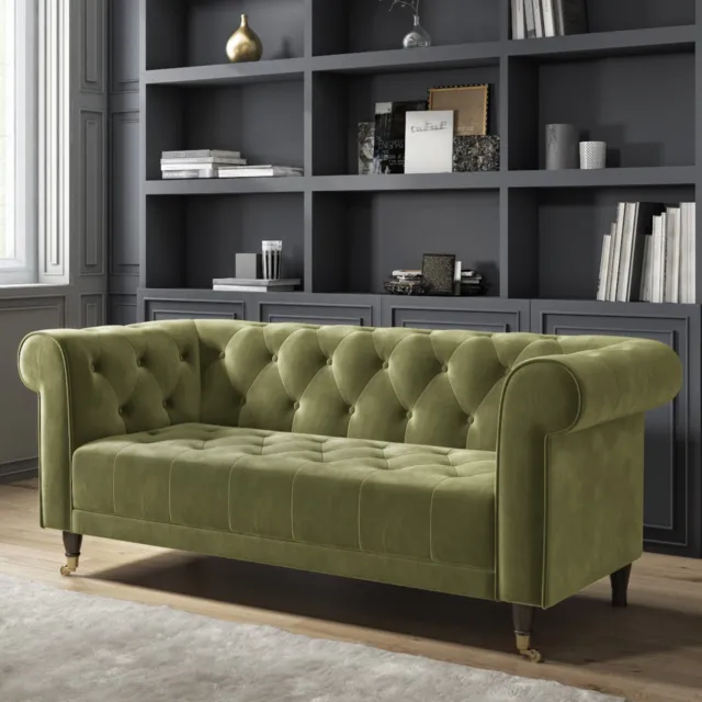 Green Velvet Sofa 3 Seater Chesterfield